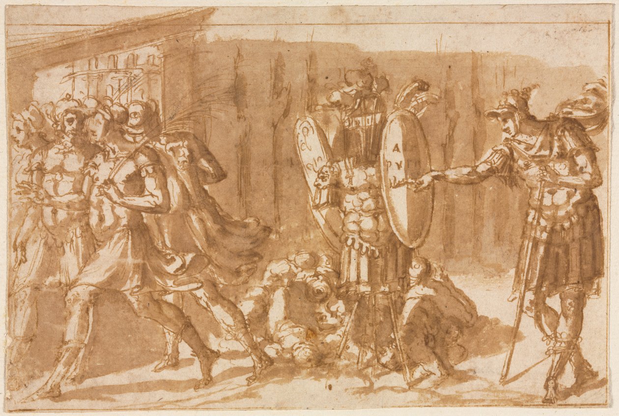 Victorious Soldiers with Trophy, 1550-tallet. av Pellegrino Tibaldi