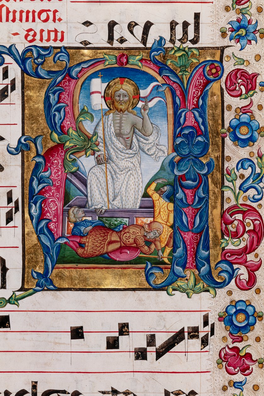 Piccolomini bibliotek: korbok, torsk. 101,7, ff. 14r med "Resurrection of Christ", av Pellegrino di Mariano. Detalj. av Pellegrino di Mariano