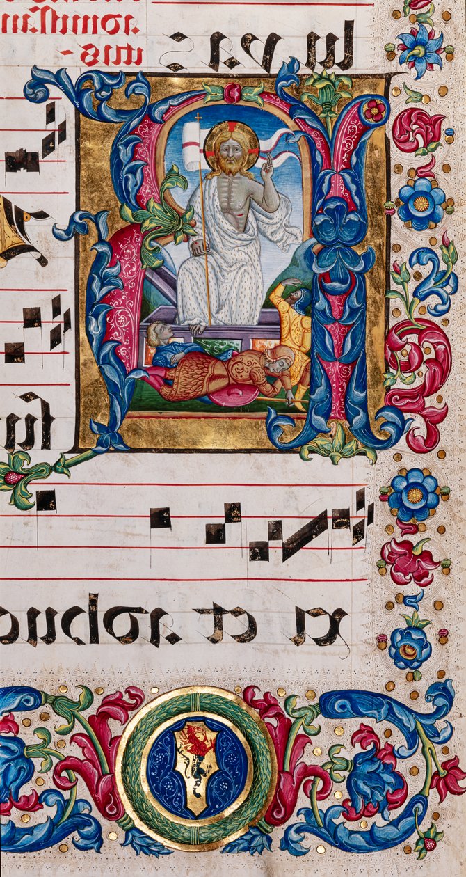Piccolomini bibliotek: korbok, torsk. 101,7, ff. 14r med "Resurrection of Christ", av Pellegrino di Mariano. av Pellegrino di Mariano