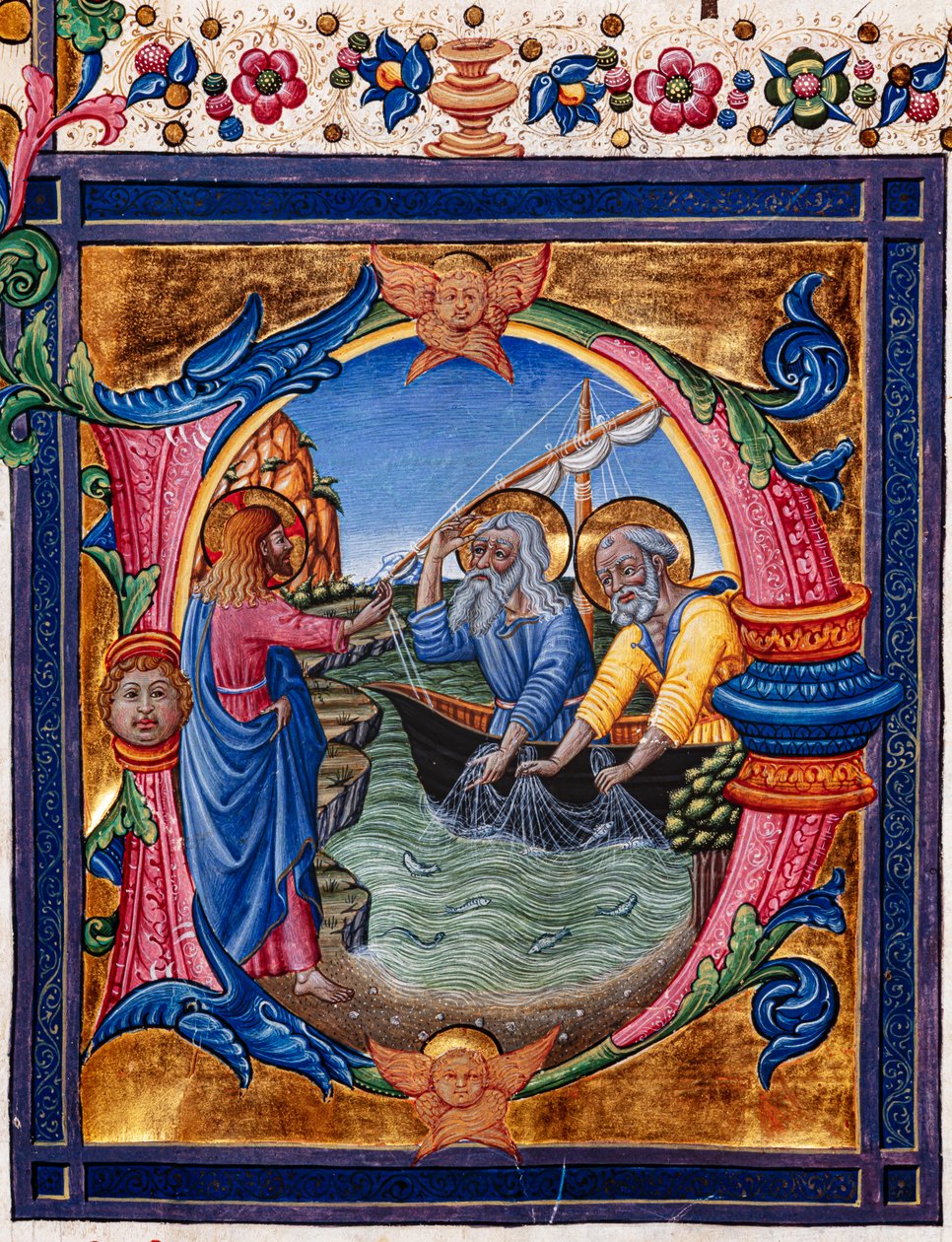 Piccolomini bibliotek: korbok, torsk. 11.M, ff. 4r med "Calling of St. Peter and St. Andrew", av Pellegrino di Mariano. Detalj. av Pellegrino di Mariano