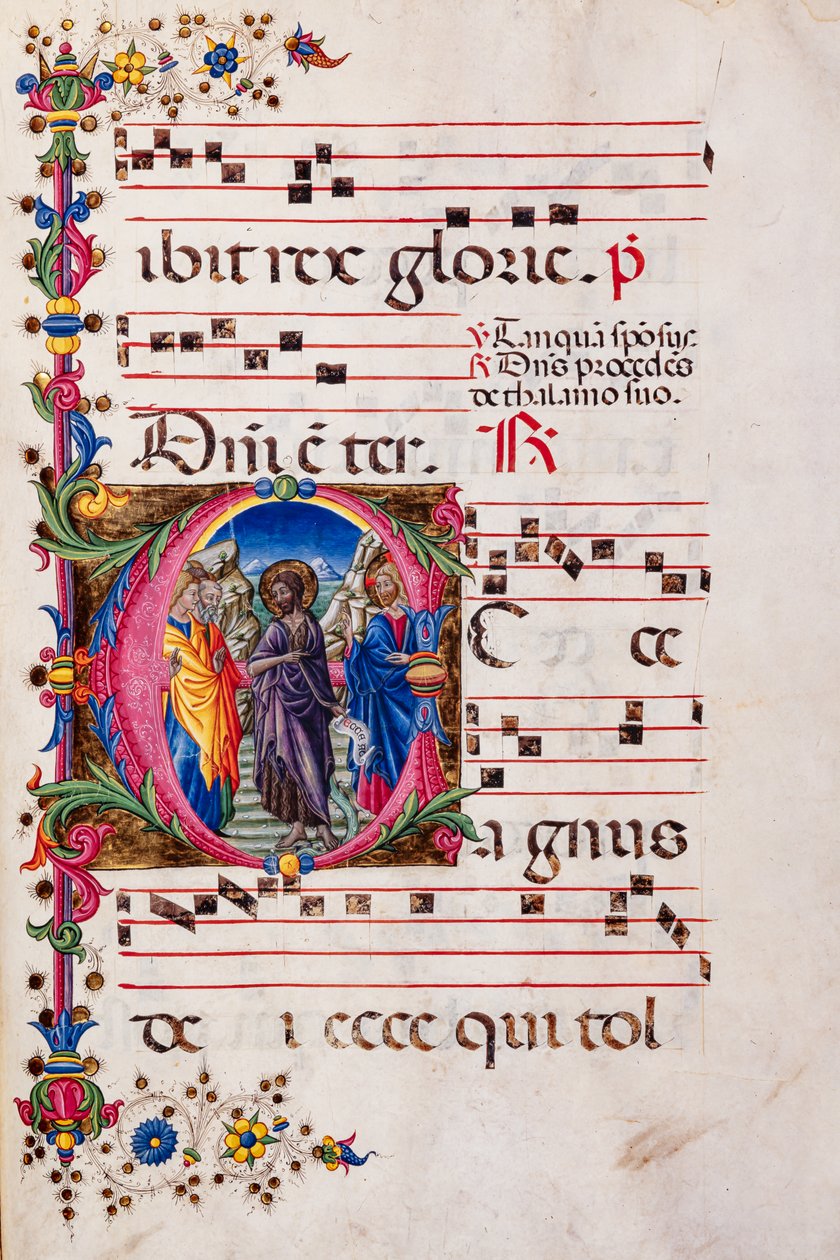 Piccolomini bibliotek: korbok, torsk. 2.B, ff. 105r med “Preaching of St. John the Baptist”, av Pellegrino di Mariano. av Pellegrino di Mariano