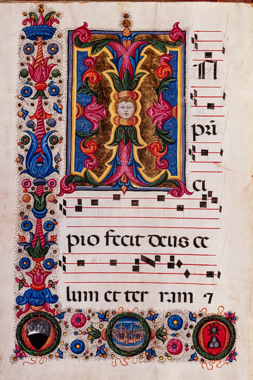 Piccolomini bibliotek: Korbok, torsk. 5.E, ff. 4v med "Foliated Initial", av Pellegrino di Mariano. av Pellegrino di Mariano