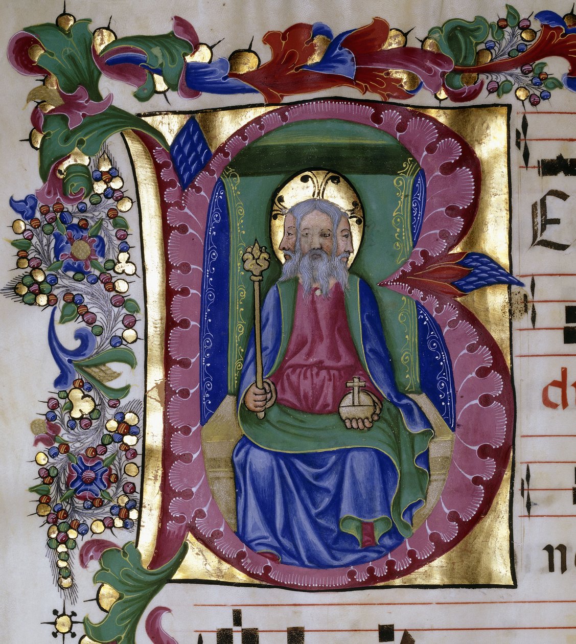 Den hellige treenighet: Gud Faderen i Hans Majestet på tronen, holder kule og septer, representert med tre ansikter, innenfor en innledende "B", ca. 1480 av Pellegrino di Mariano
