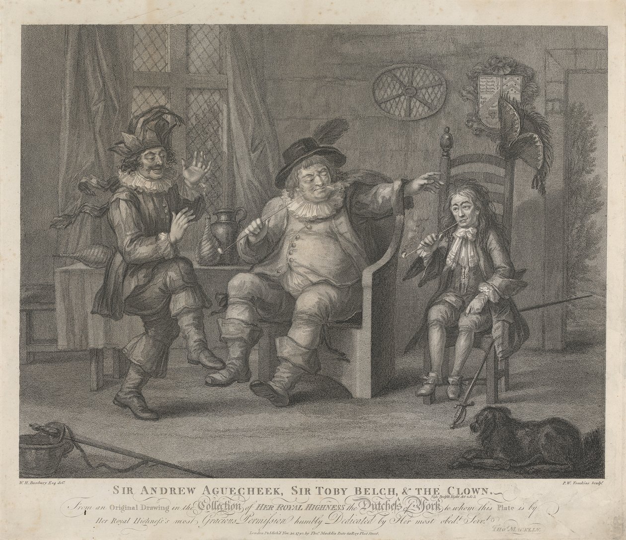 Sir Andrew Aguecheek, Sir Toby Belch and the Clown - "Twelfth Night", Act II, Scene III av Peltro W. Tomkins