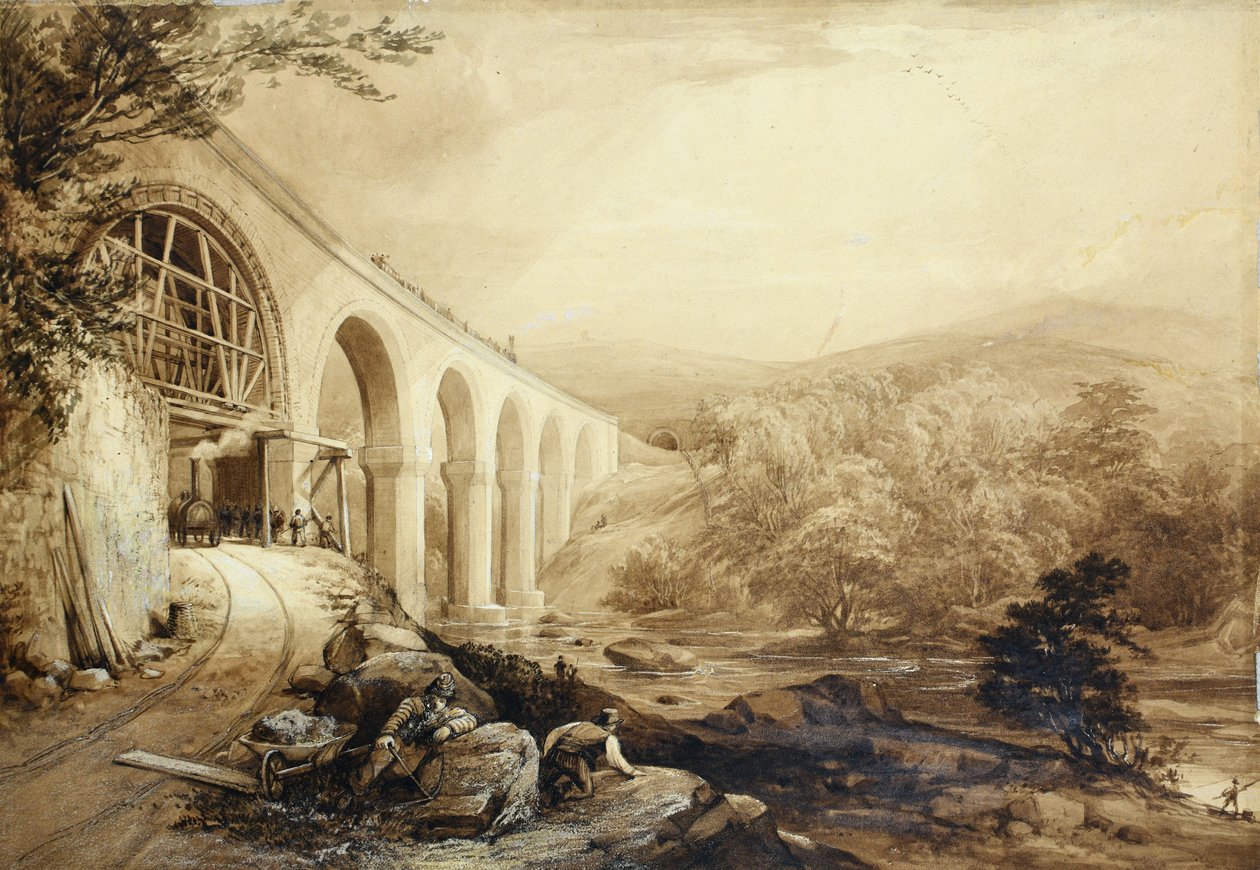 Quakers Yard Viaduct, ca. 1840 (penn og vask på papir) av Penry Williams