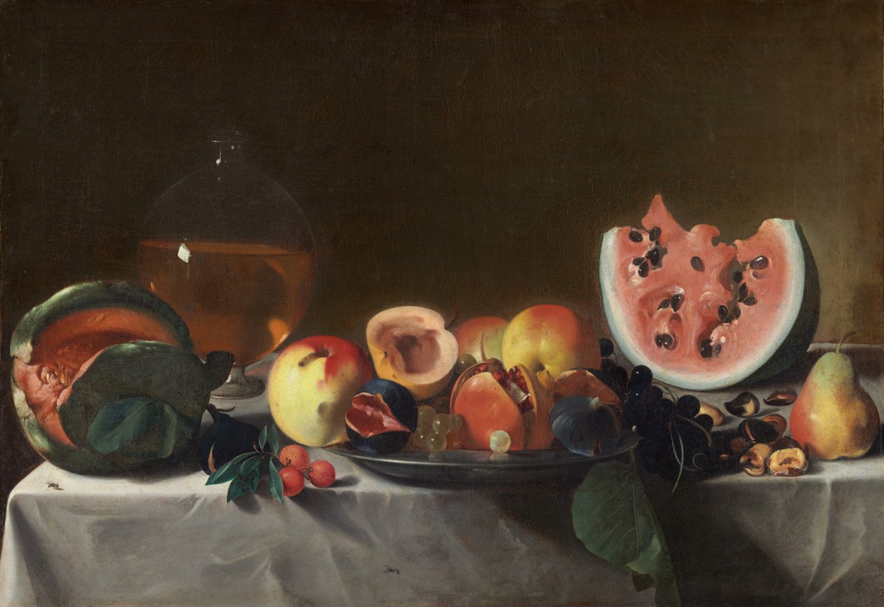 Stilleben med frukt og karaffel, ca. 16101620. av Pensionante del Saraceni