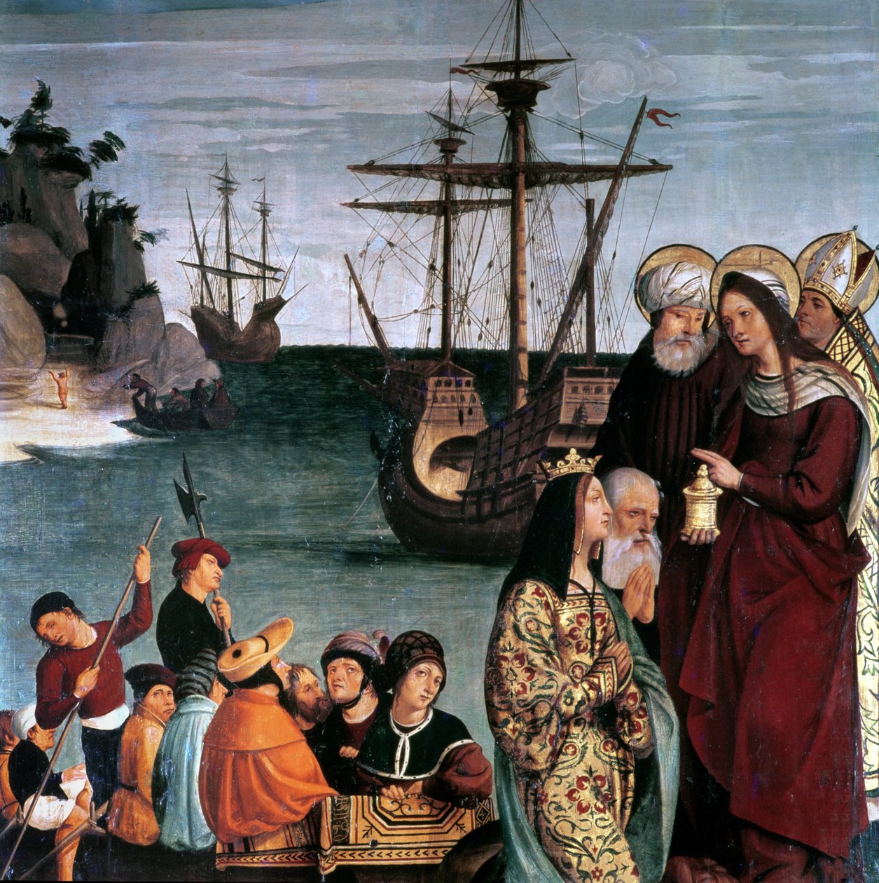 Mary Magdalene går ombord på et skip, fra altertavlen til Saint Magdalen av Pera Matas