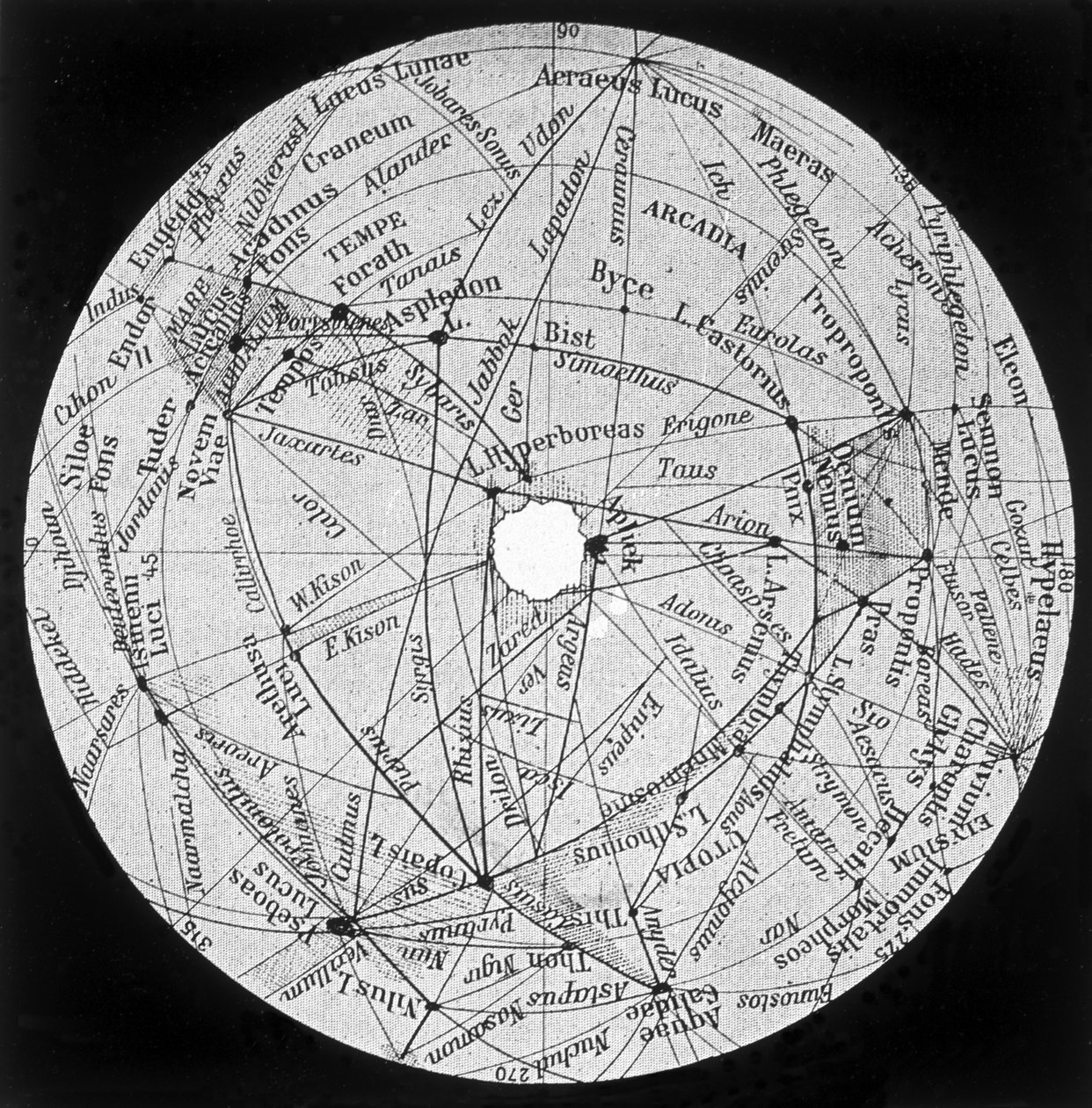 Mars: kanaler og oase i henhold til kartet til P. Lowell - i "" The Sky"", av Alphonse Berget, Larousse av Percival (after) Lowell