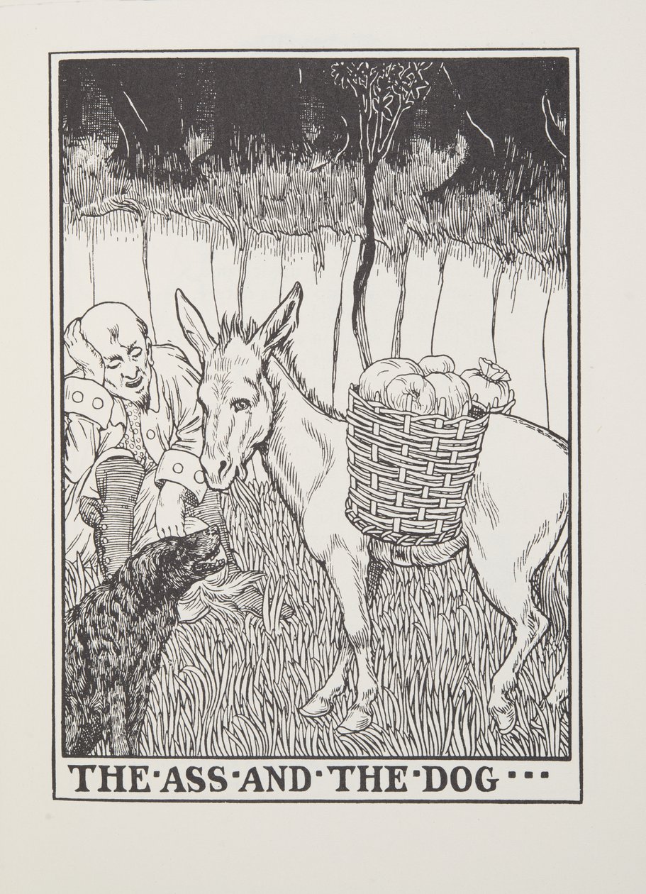 The Ass and the Dog, fra Fontaine Fables, pub. 1905 av Percy J. Billingshurst