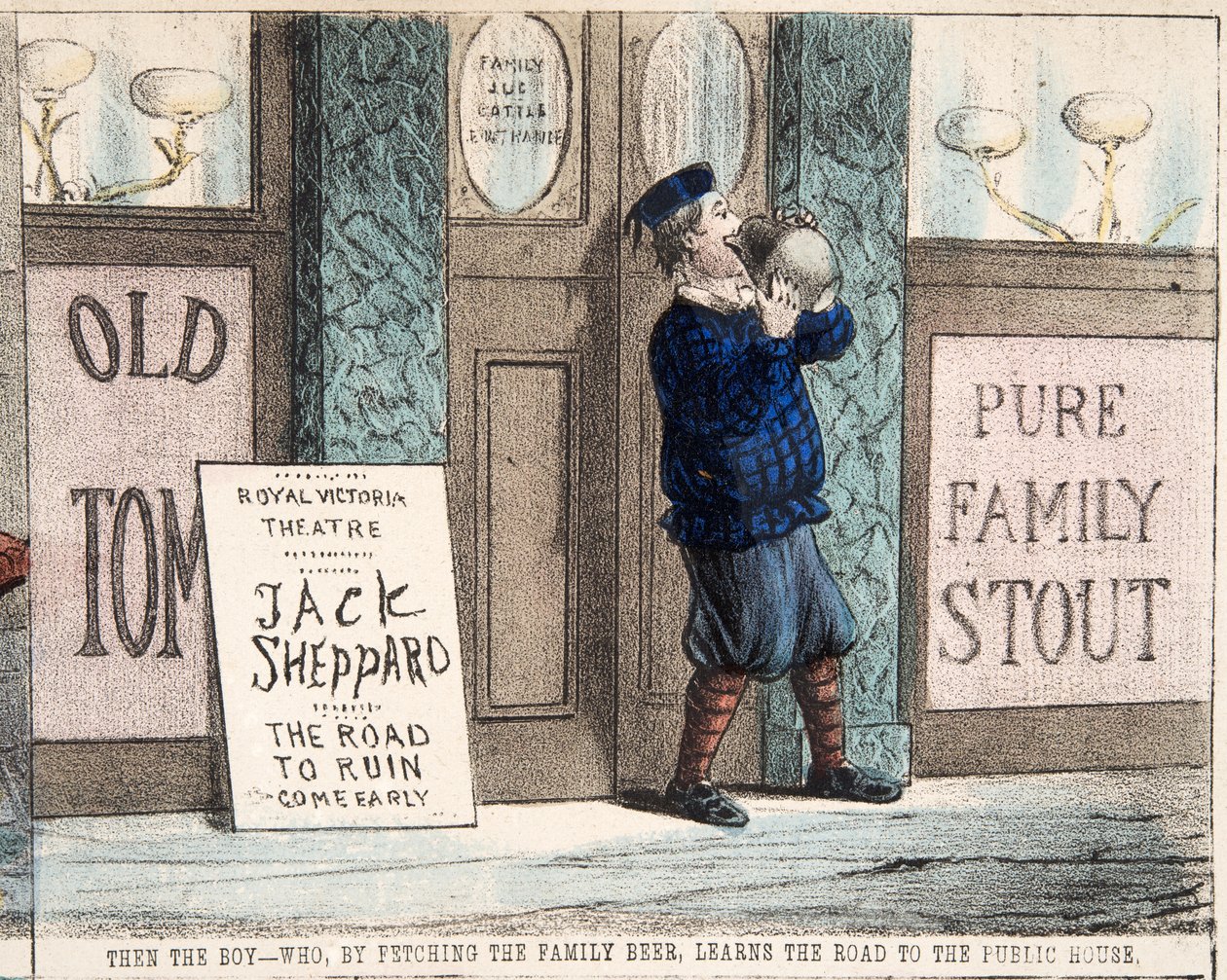 "Gutten - som ved å hente familiens øl lærer veien til det offentlige huset, pub.c. 1872 (håndfarget gravering) av Percy Cruikshank