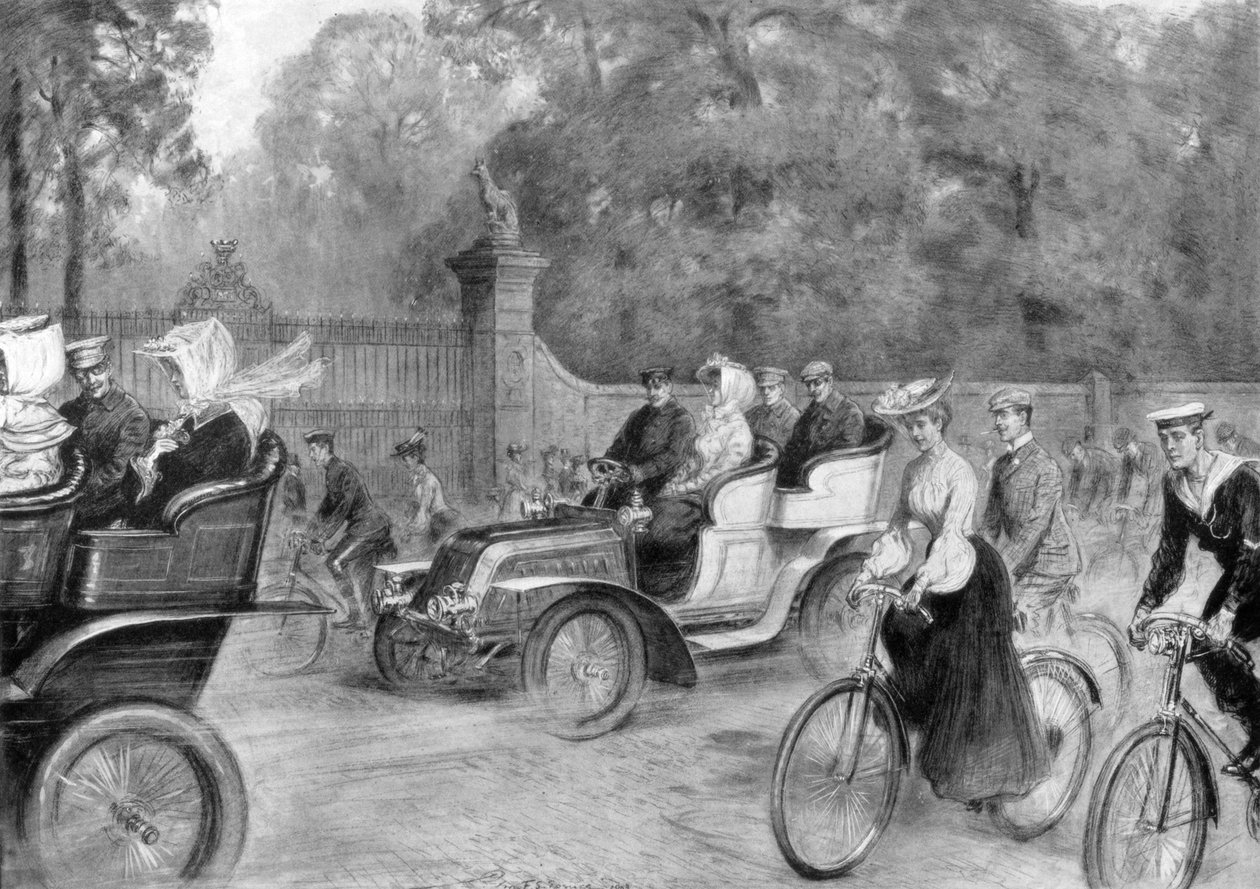 Motorer og sykler i Kensington High Street, London, 1903 av Percy F.S. Spence