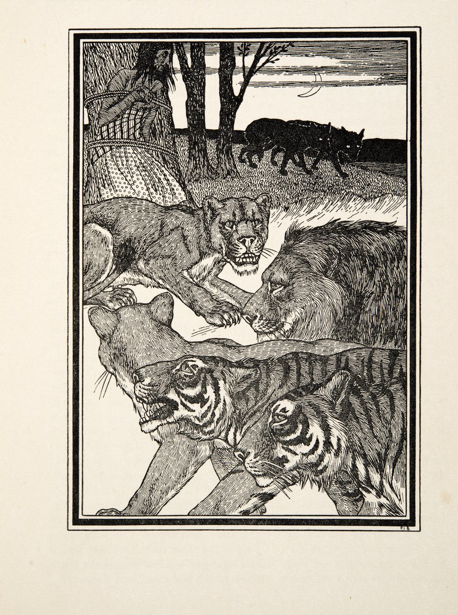 A Grateful Lioness, fra A Hundred Anecdotes of Animals, pub. 1924 (gravering) av Percy J. Billingshurst