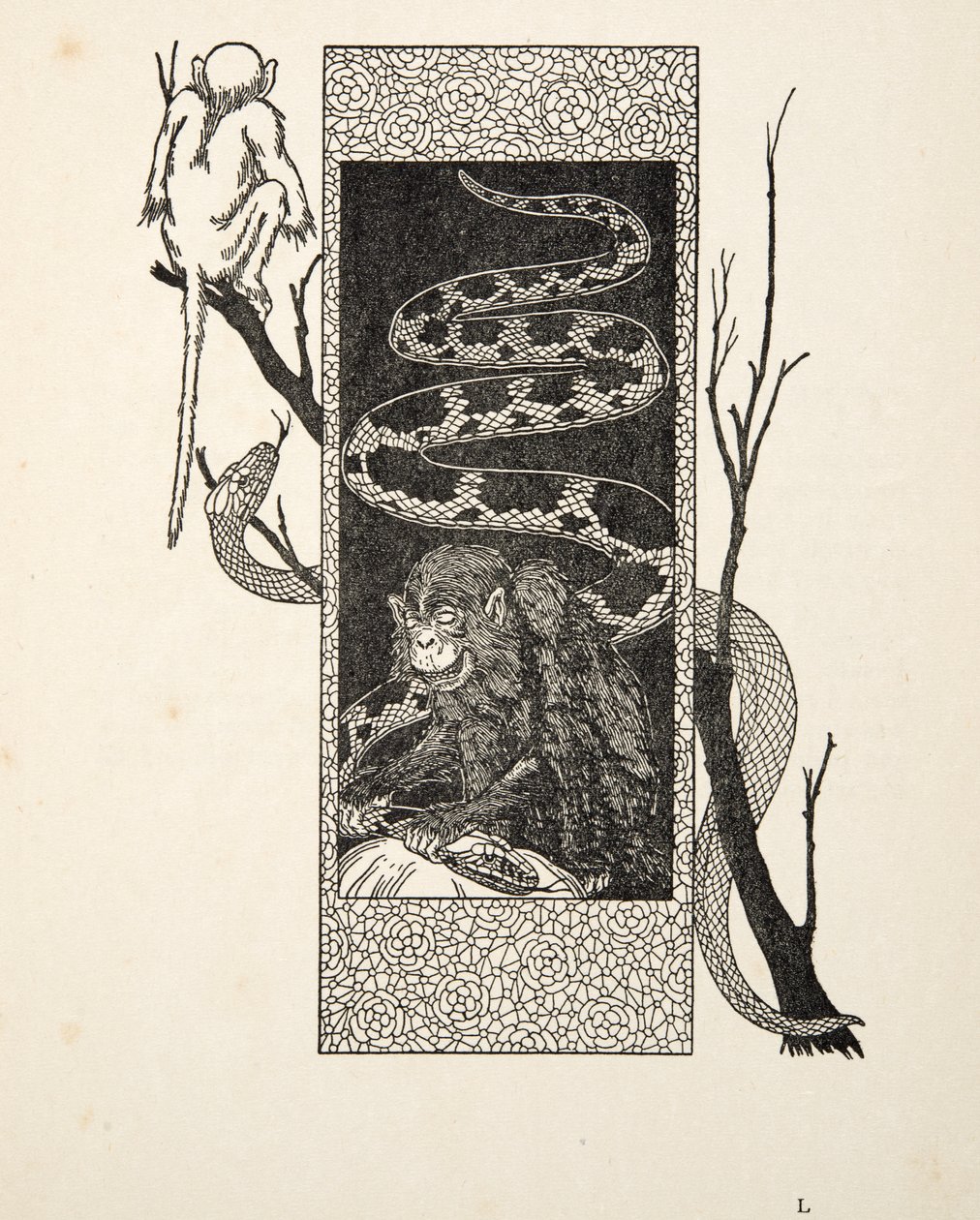 Monkey versus Snake, fra A Hundred Anecdotes of Animals, pub. 1924 av Percy J. Billingshurst