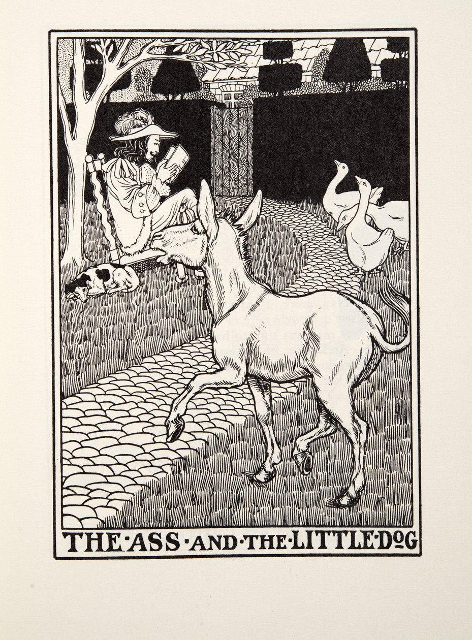 The Ass and the Little Dog, fra Fontaine Fables, pub. 1905 av Percy J. Billingshurst
