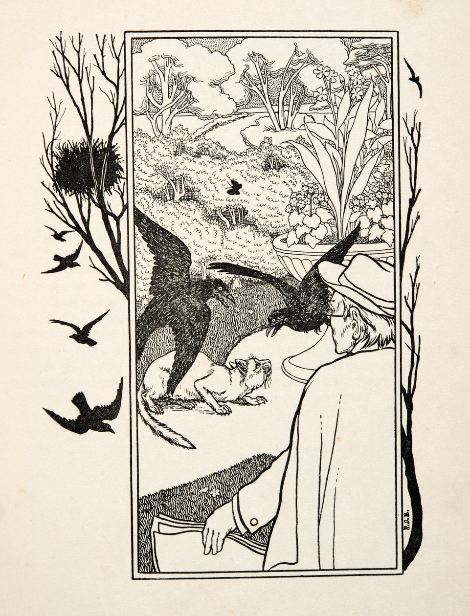 The Cat and Crows, fra A Hundred Anecdotes of Animals, pub. 1924 (gravering) av Percy J. Billingshurst