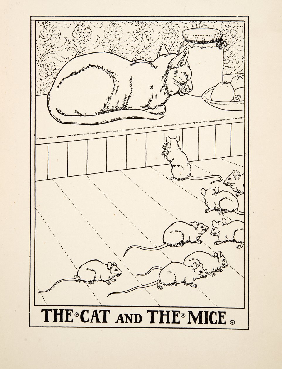 The Cat and the Mice, fra A Hundred Fables of Aesop, pub.1903 (gravering) av Percy J. Billingshurst