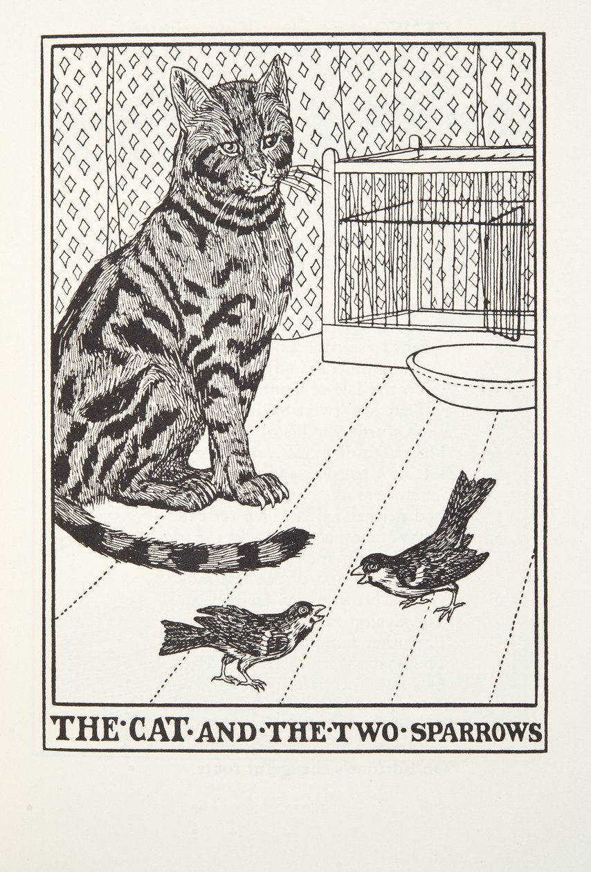 The Cat and the Two Sparrows, fra Fontaine Fables, pub. 1905 av Percy J. Billingshurst