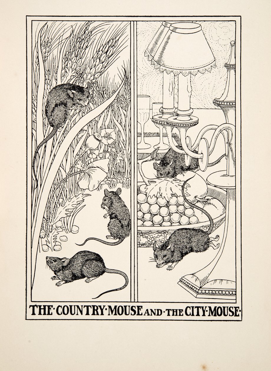 The Country Mouse and the City Mouse, fra A Hundred Fables of Aesop, pub.1903 av Percy J. Billingshurst