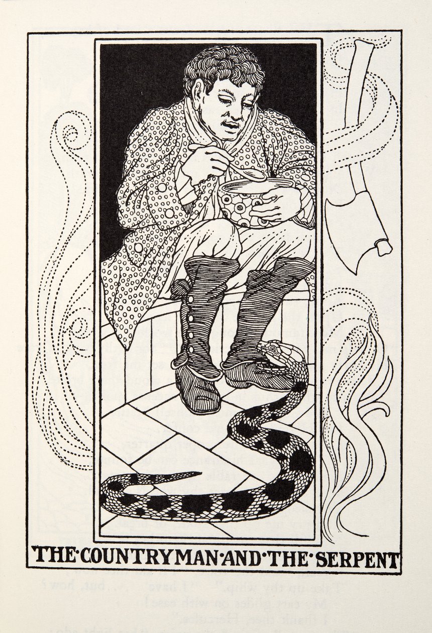 The Countryman and the Serpent, fra Fontaine Fables, pub. 1905 av Percy J. Billingshurst
