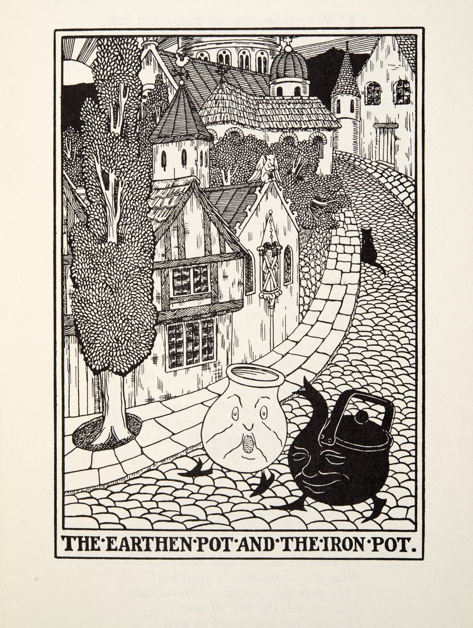 The Earthen Pot and the Iron Pot, fra Fontaine Fables, pub. 1905 av Percy J. Billingshurst