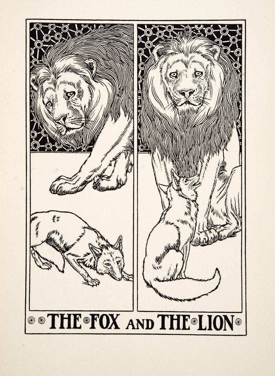 The Fox and the Lion, fra A Hundred Fables of Aesop, pub.1903 (gravering) av Percy J. Billingshurst