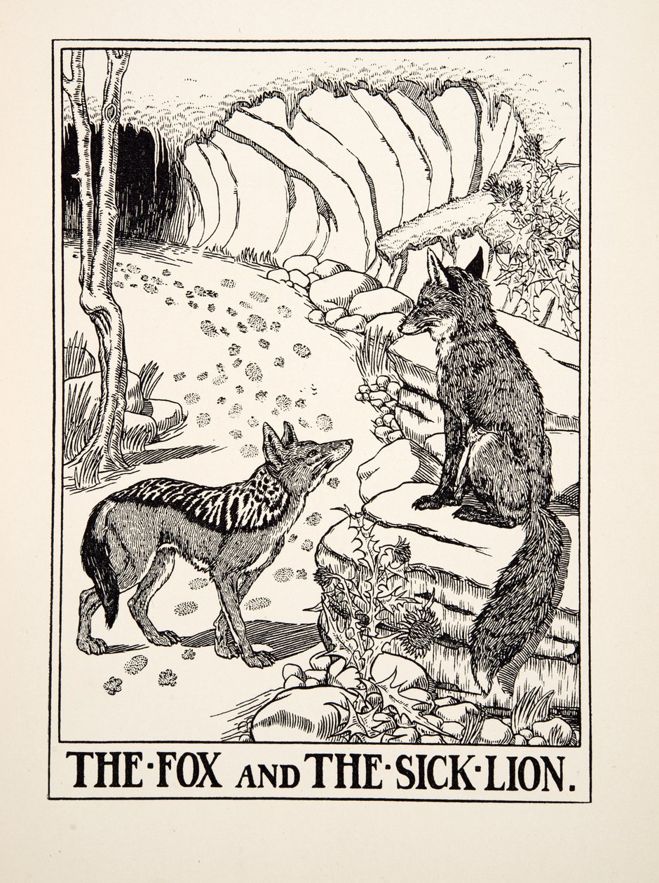 The Fox and the Sick Lion, fra A Hundred Fables of Aesop, pub.1903 (gravering) av Percy J. Billingshurst