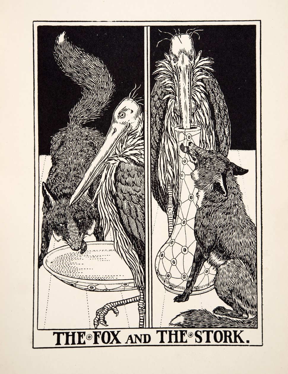 The Fox and the Stork, fra A Hundred Fables of Aesop, pub.1903 av Percy J. Billingshurst