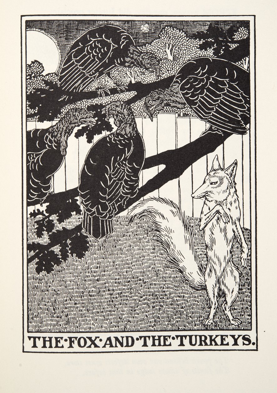 The Fox and the Turkeys, fra Fontaine Fables, pub. 1905 av Percy J. Billingshurst