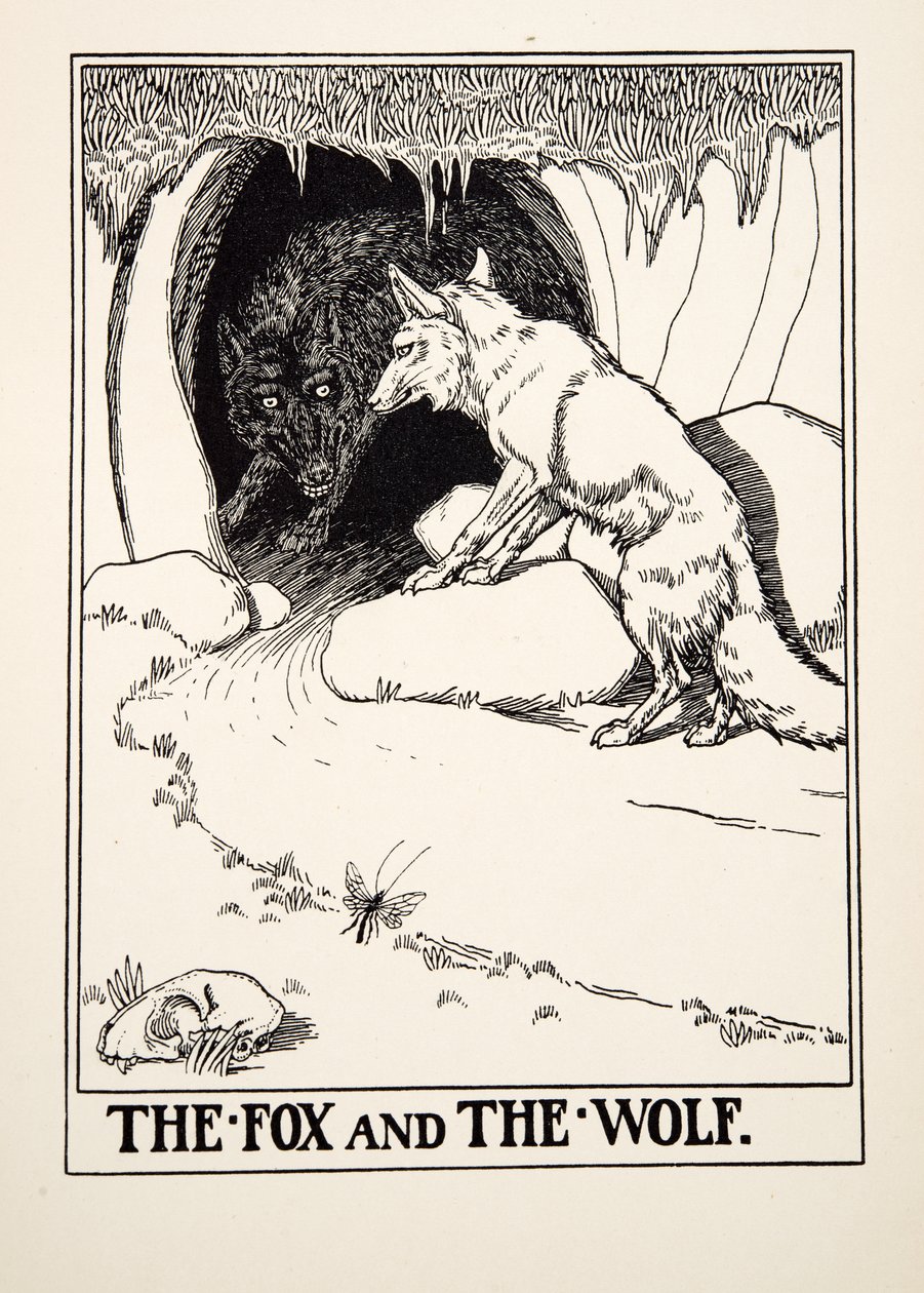 The Fox and the Wolf, fra A Hundred Fables of Aesop, pub.1903 (gravering) av Percy J. Billingshurst