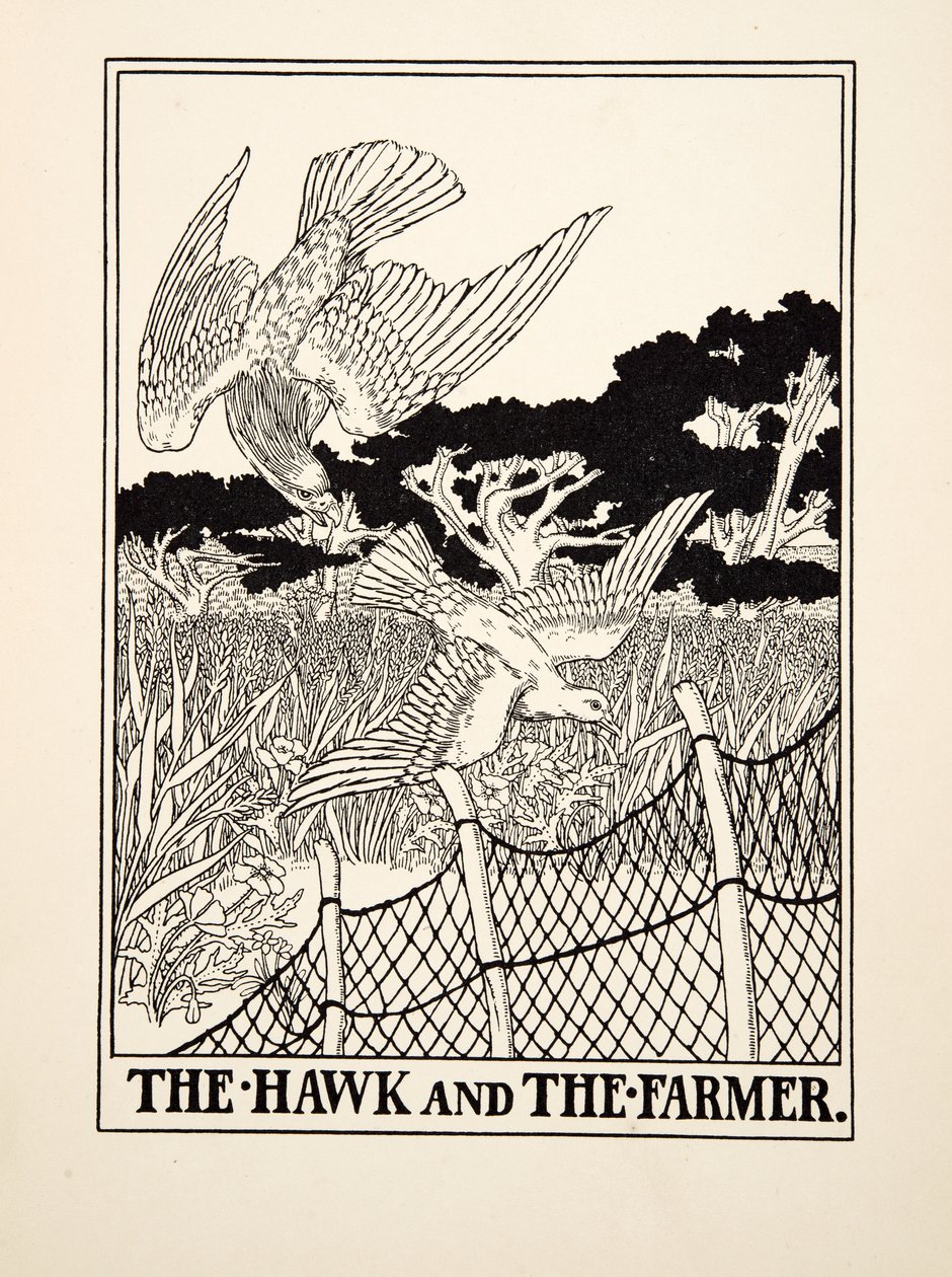 The Hawk and the Farmer, fra A Hundred Fables of Aesop, pub.1903 (gravering) av Percy J. Billingshurst