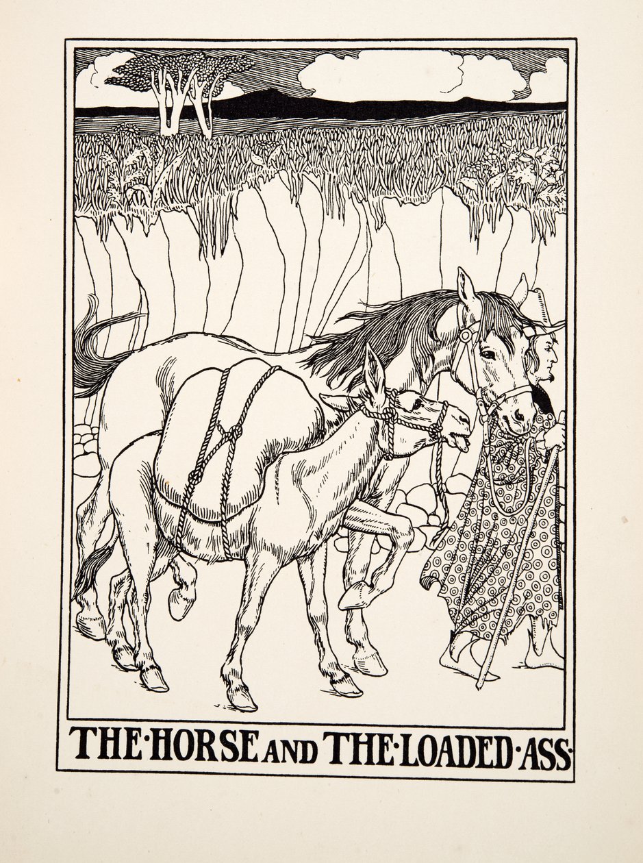 The Horse and the Loaded Ass, fra A Hundred Fables of Aesop, pub.1903 (gravering) av Percy J. Billingshurst