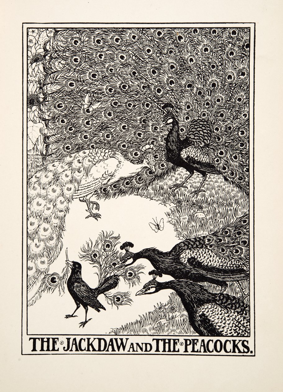The Jackdaw and the Peacocks, fra A Hundred Fables of Aesop, pub.1903 av Percy J. Billingshurst