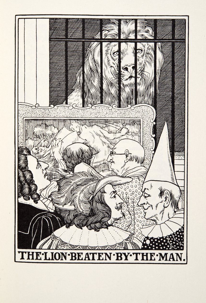 Løven slått av mannen, fra Fontaine Fables, pub. 1905 av Percy J. Billingshurst