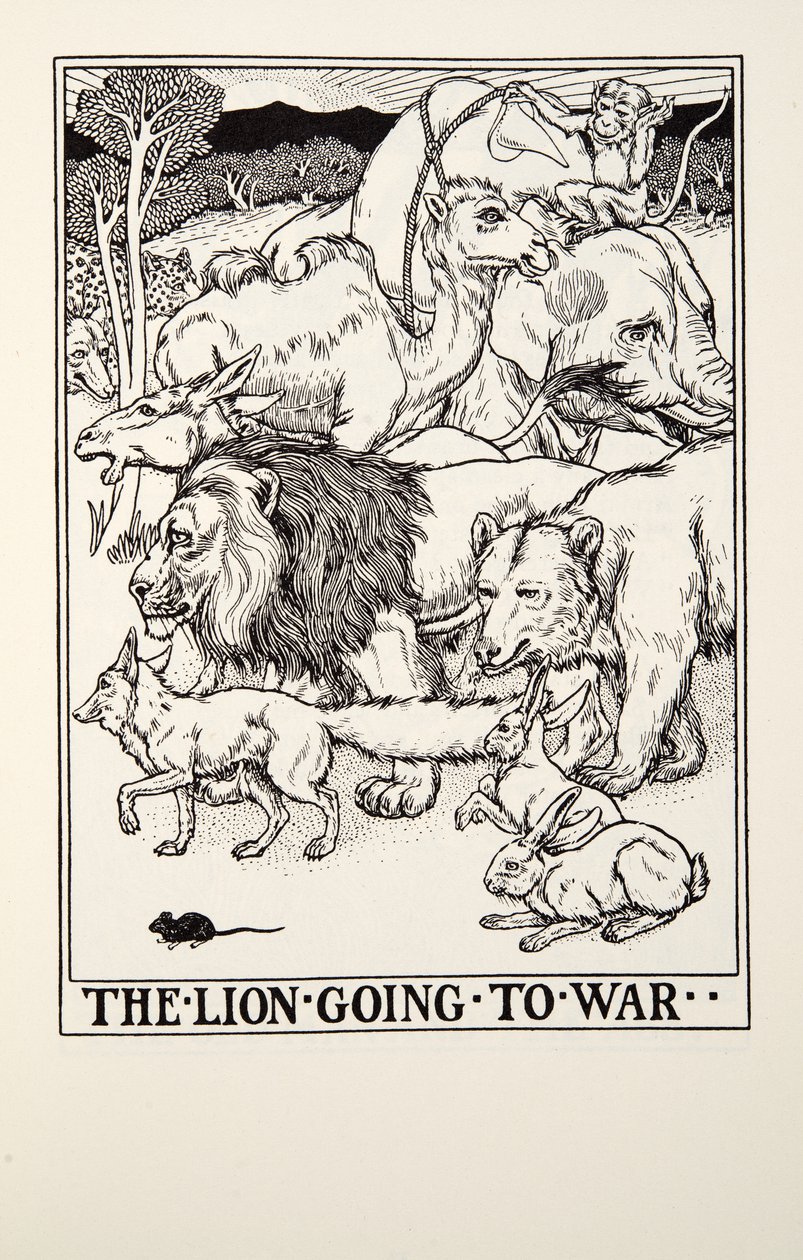 The Lion Going to War, fra Fontaine Fables, pub. 1905 av Percy J. Billingshurst