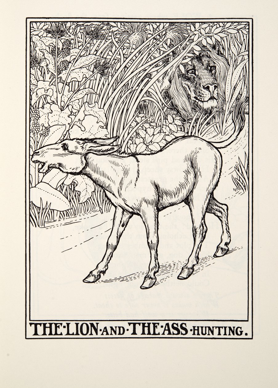 The Lion and The Ass Hunting, fra Fontaine Fables, pub. 1905 av Percy J. Billingshurst