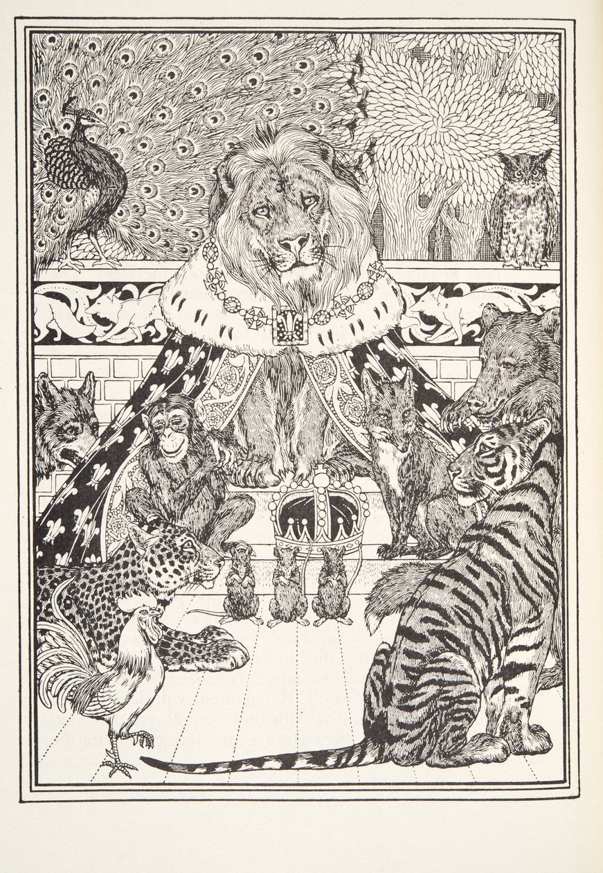 The Lion and his Associates, Frontispice, fra Fontaine Fables, pub. 1905 av Percy J. Billingshurst