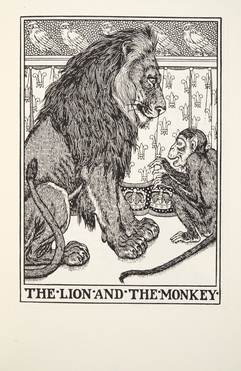 The Lion and the Monkey, fra Fontaine Fables, pub. 1905 av Percy J. Billingshurst