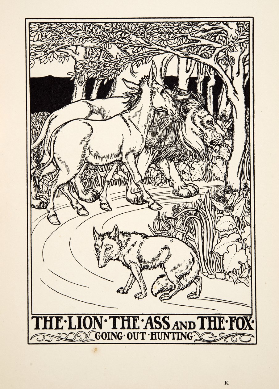 The Lion, the Ass and the Fox går ut på jakt, fra A Hundred Fables of Aesop, pub.1903 (gravering) av Percy J. Billingshurst