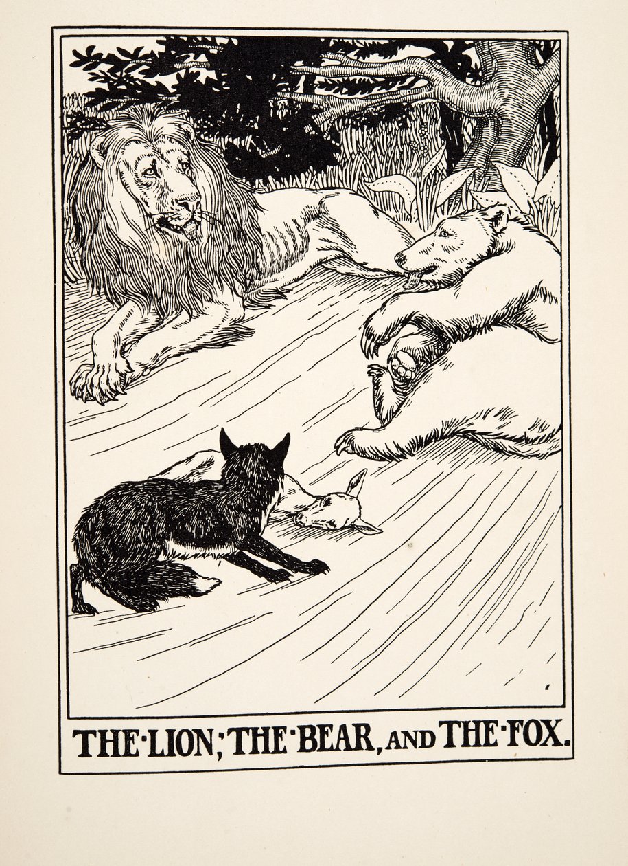 The Lion, the Bear and the Fox, fra A Hundred Fables of Aesop, pub.1903 av Percy J. Billingshurst