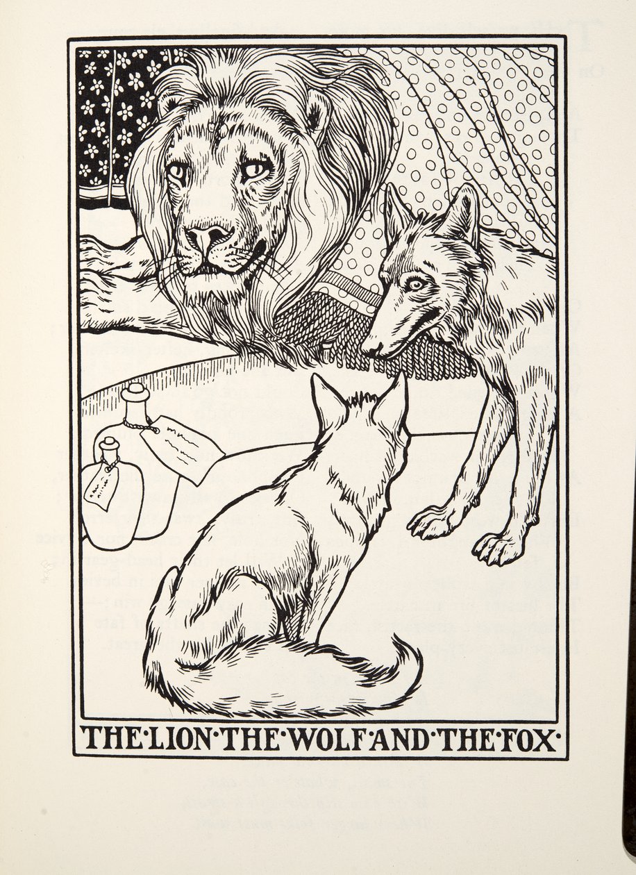 The Lion, the Wolf and the Fox, fra Fontaine Fables, pub. 1905 av Percy J. Billingshurst