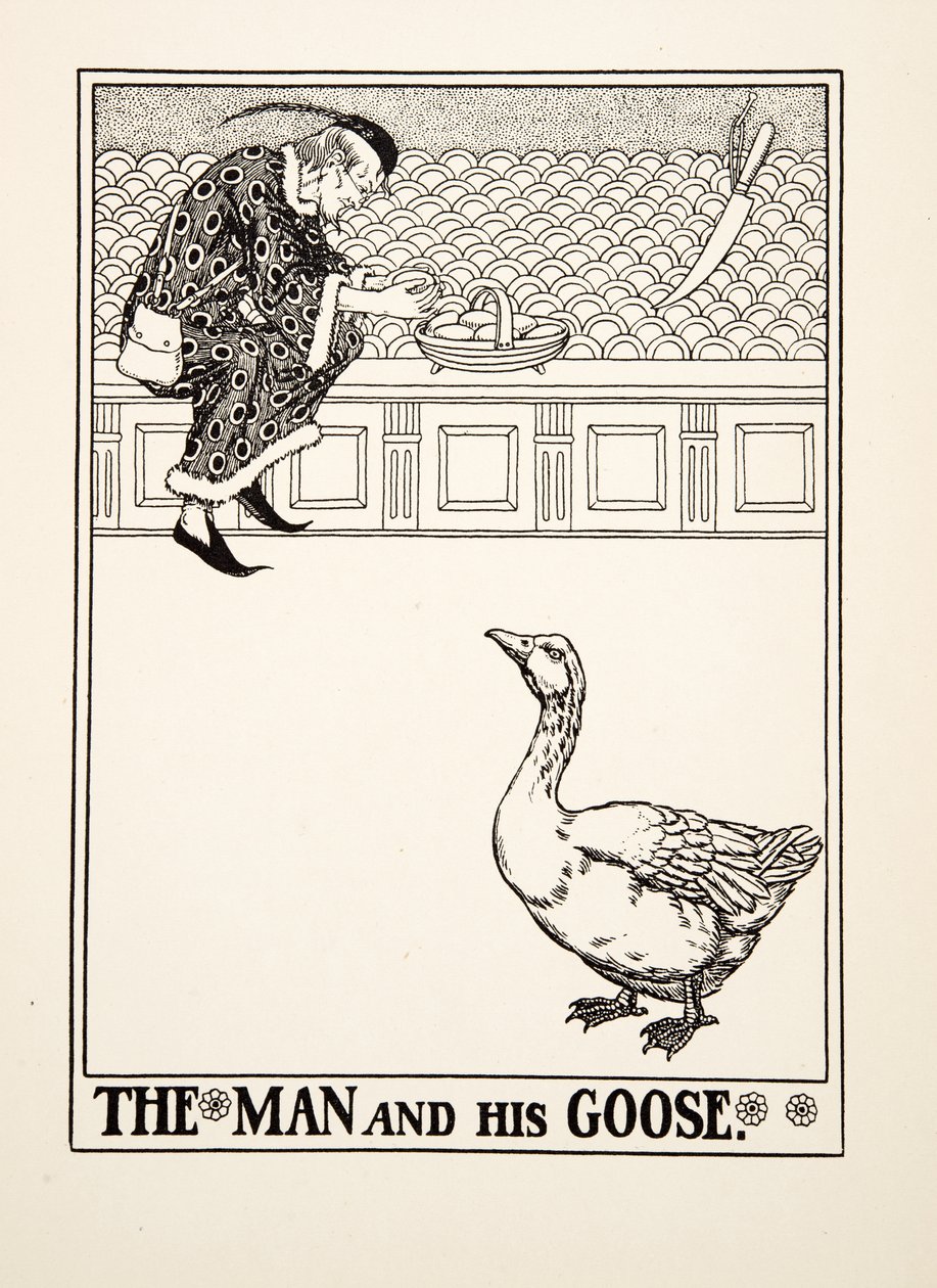 The Man and his Goose, fra A Hundred Fables of Aesop, pub.1903 (gravering) av Percy J. Billingshurst