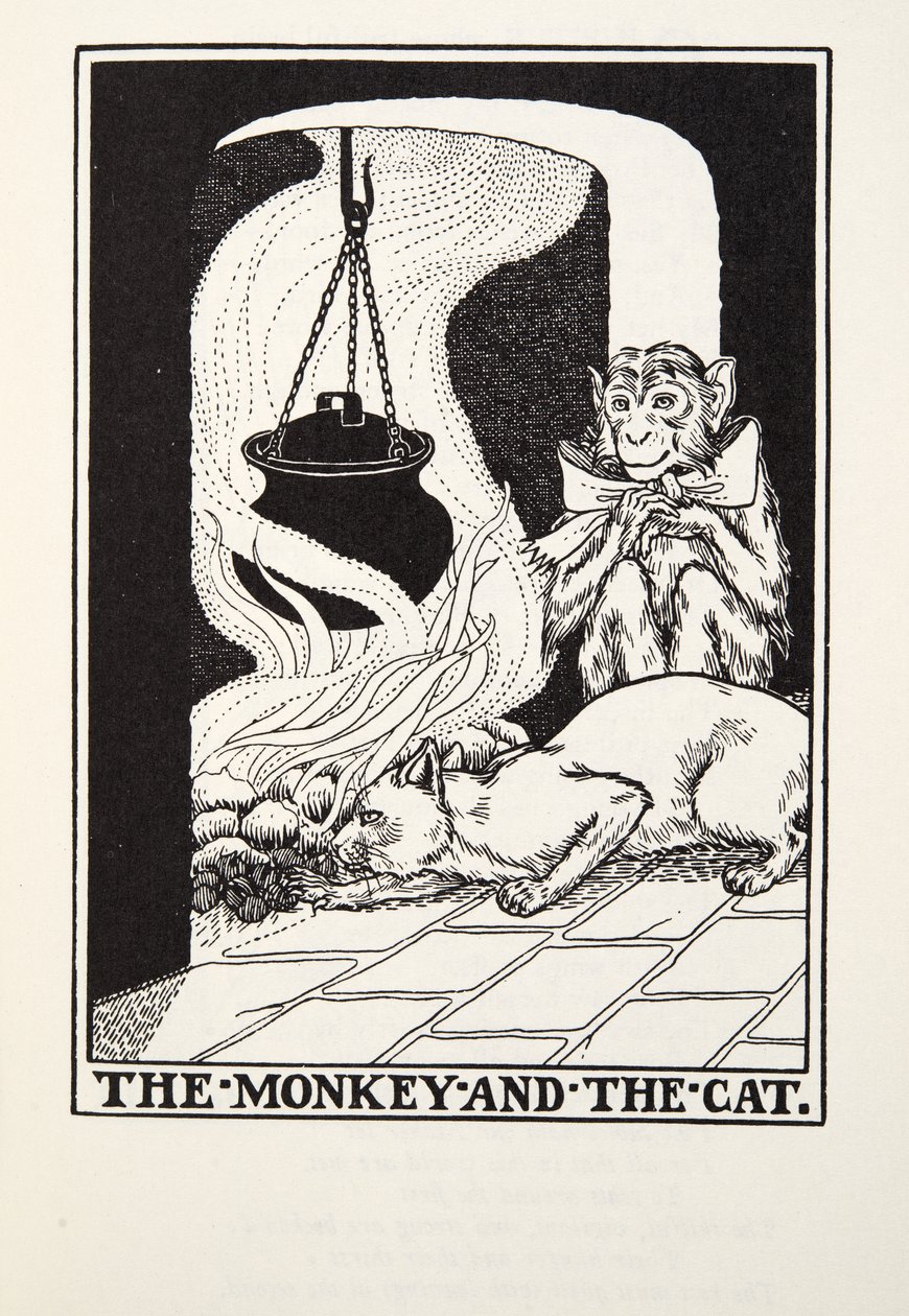 The Monkey and the Cat, fra Fontaine Fables, pub. 1905 av Percy J. Billingshurst