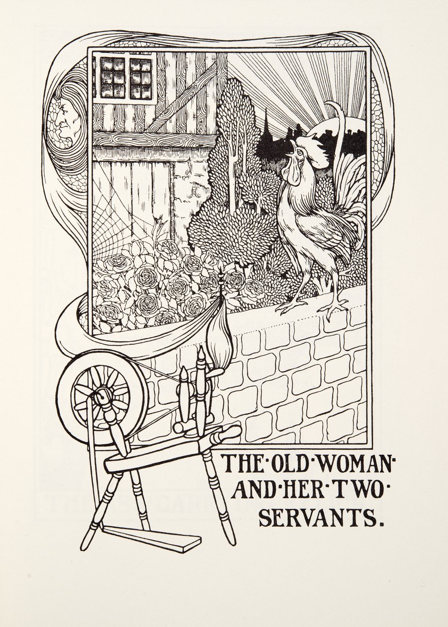 The Old Woman and her Two Servants, fra Fontaine Fables, pub. 1905 (gravering) av Percy J. Billingshurst