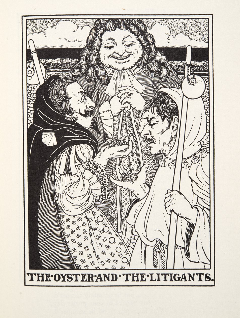The Oyster and the Litigants, fra Fontaine Fables, pub. 1905 (gravering) av Percy J. Billingshurst