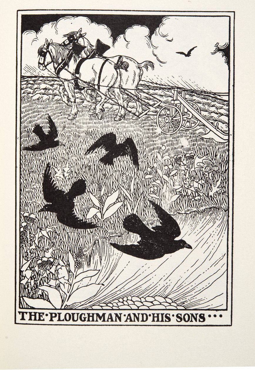 The Ploughman and his Sons, fra Fontaine Fables, pub. 1905 av Percy J. Billingshurst