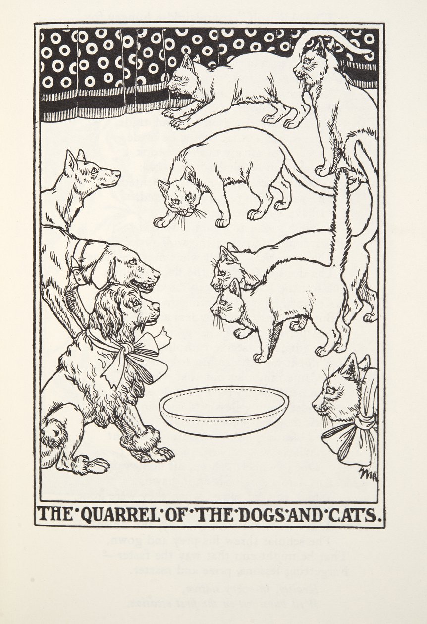 The Quarrel of the Dogs and Cats, fra Fontaine Fables, pub. 1905 av Percy J. Billingshurst