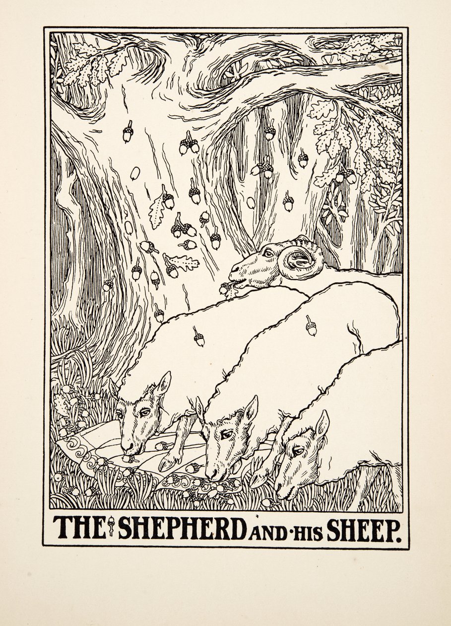 Shepherd and his Sheep, fra A Hundred Fables of Aesop, pub.1903 (gravering) av Percy J. Billingshurst