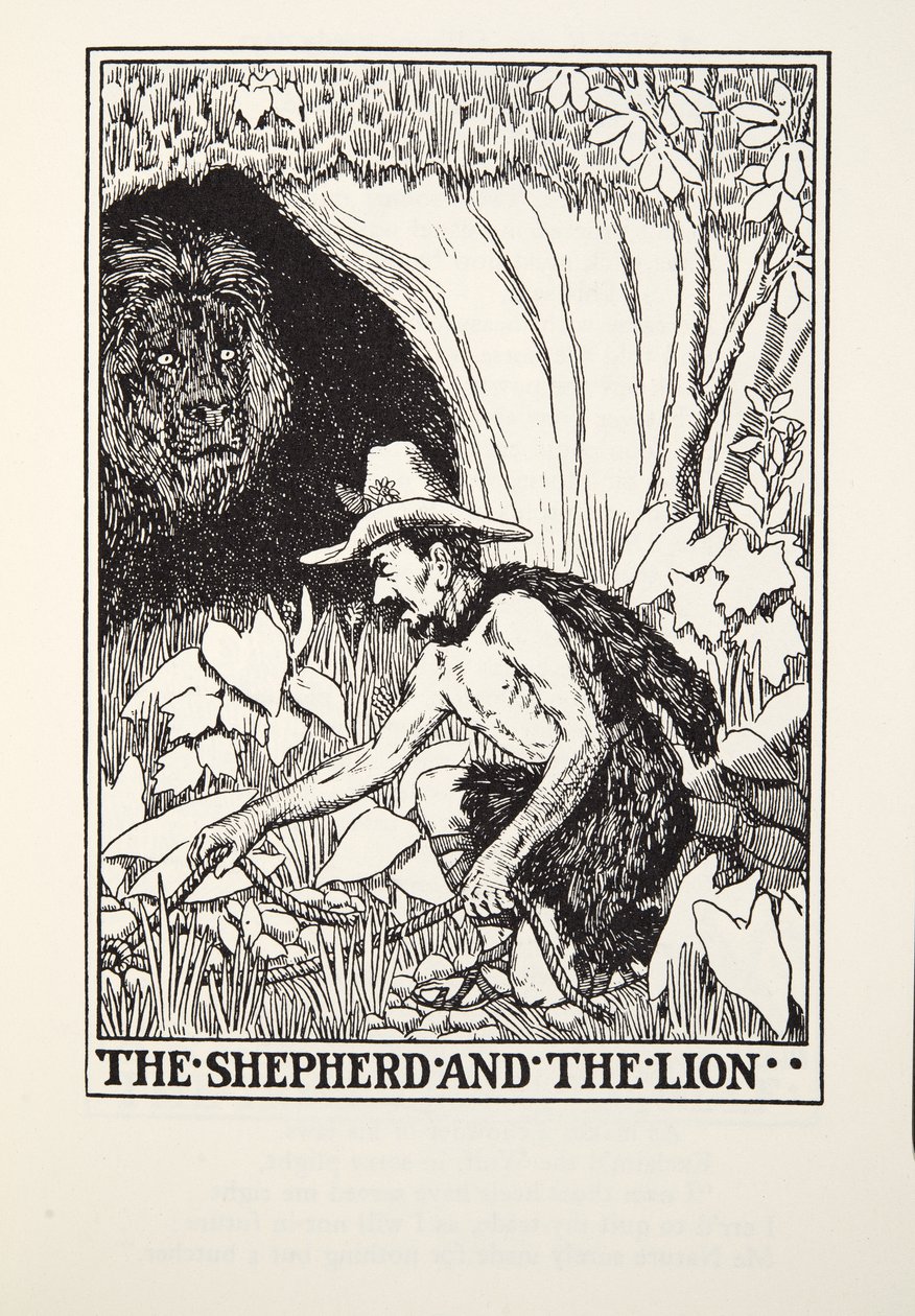 Shepherd and the Lion, fra Fontaine Fables, pub. 1905 av Percy J. Billingshurst