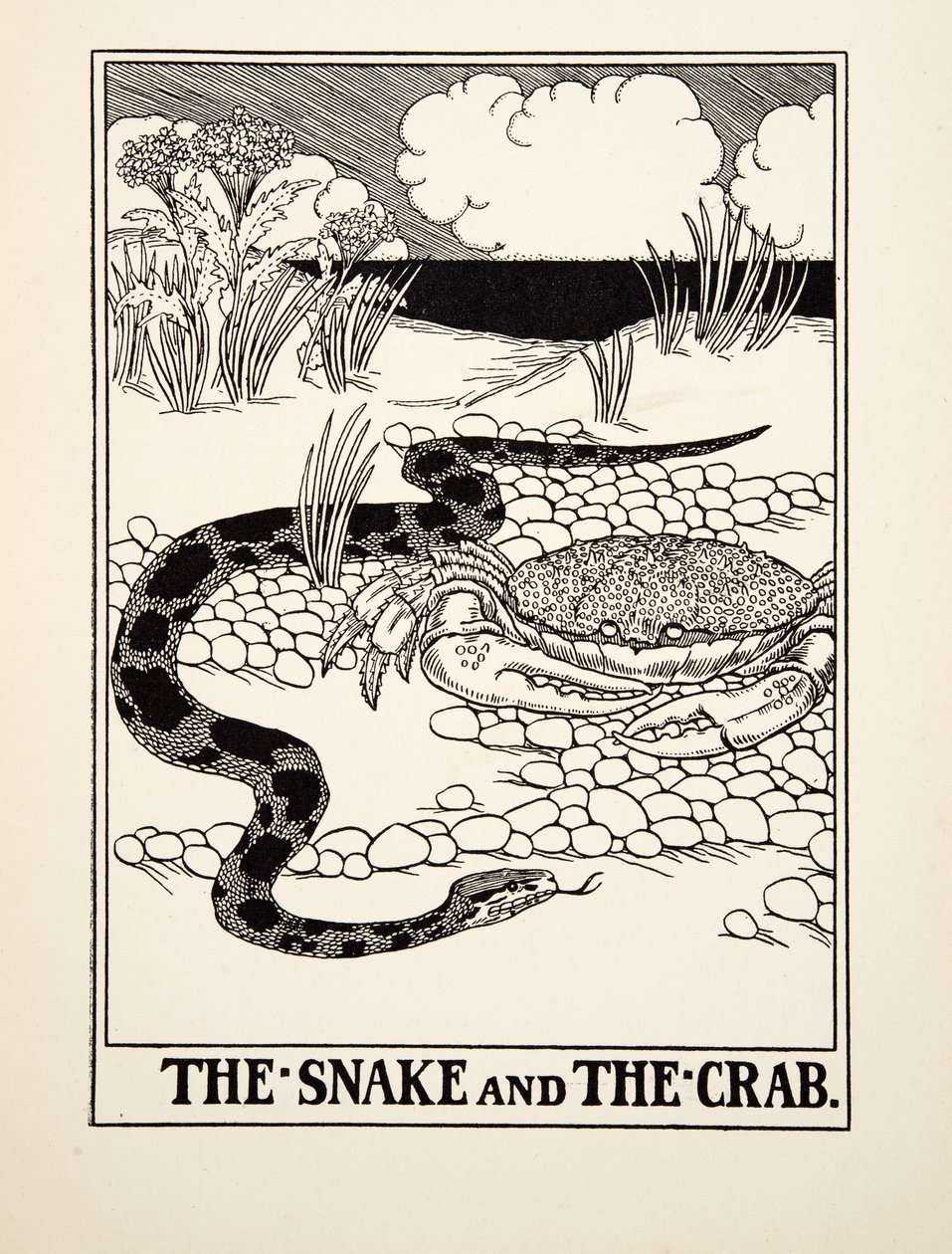 The Snake and the Crab, fra A Hundred Fables of Aesop, pub.1903 av Percy J. Billingshurst