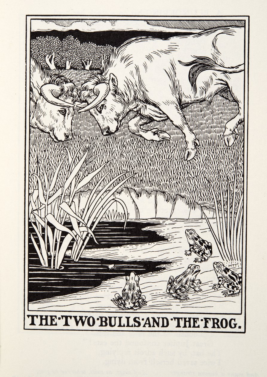 The Two Bulls and the Frog, fra Fontaine Fables, pub. 1905 av Percy J. Billingshurst